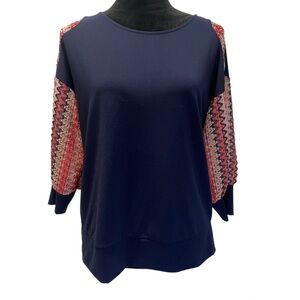 Melissa Paige Women's Petite Large Boho Crochet Sleeve Pullover Tunic Navy